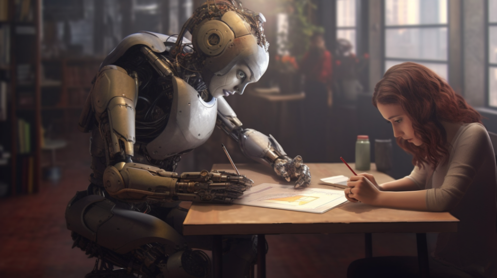 robot and woman poring over a document