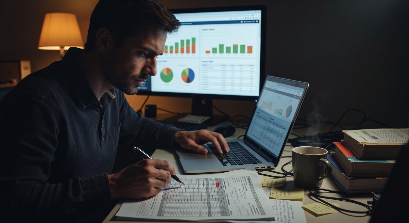 Freelance SEO working through a large site penalty recovery audit, laptop with spreadsheets and a monitor showing Google Search Console.