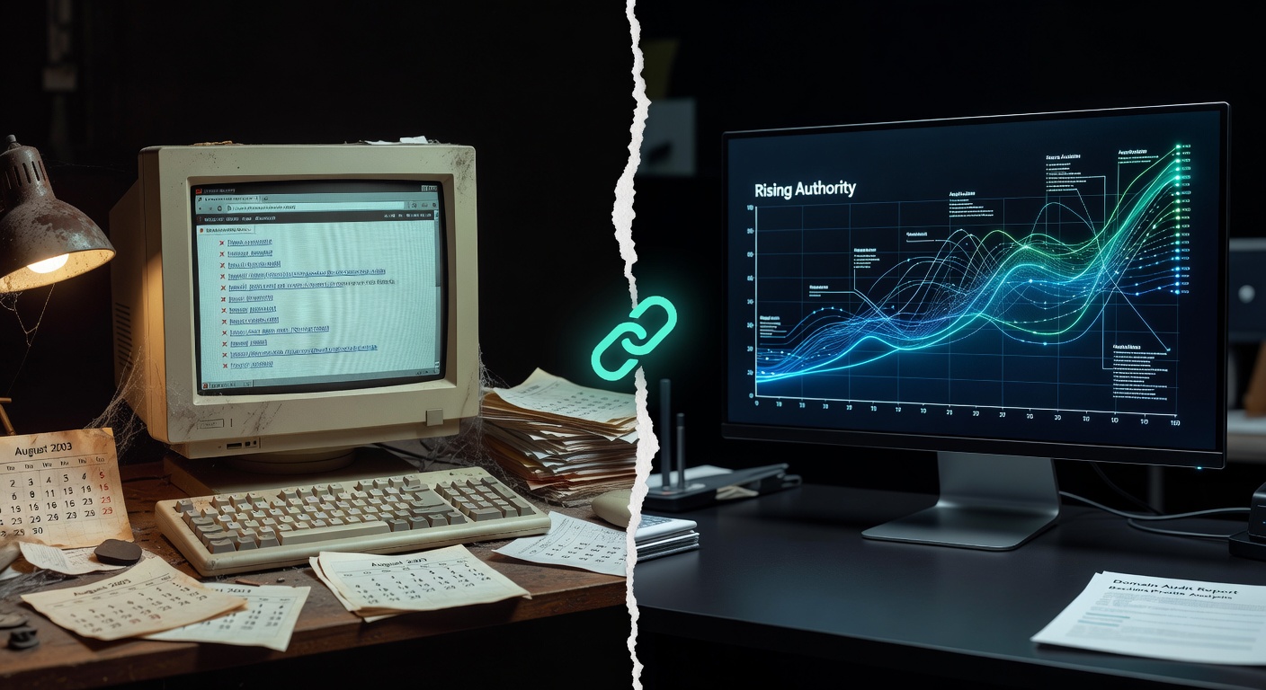 SEO analyst examining domain backlink data on monitors alongside a desk timeline of audit documents