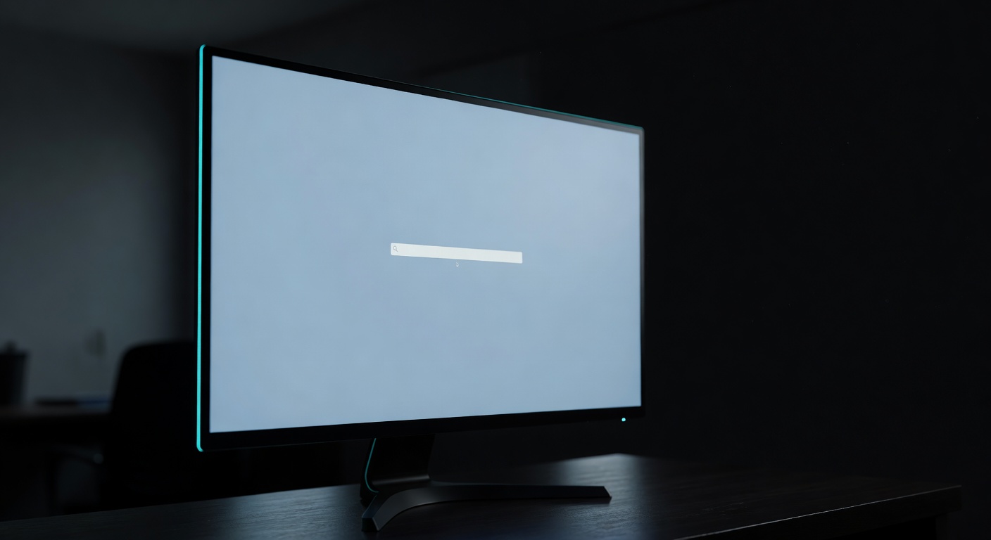 A desktop monitor displaying a private search engine interface in a clean modern home office.