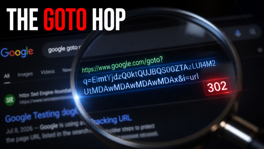 Google goto redirect token and 302 hop shown through a magnifying glass