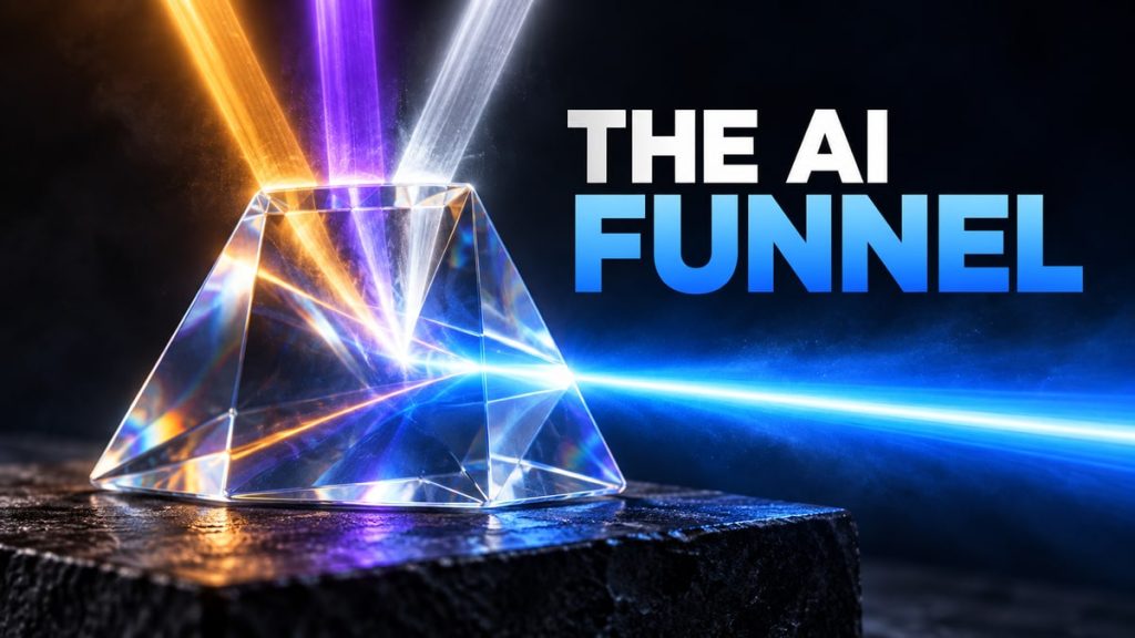 Colored beams pass through a glass prism beside the words The AI Funnel.
