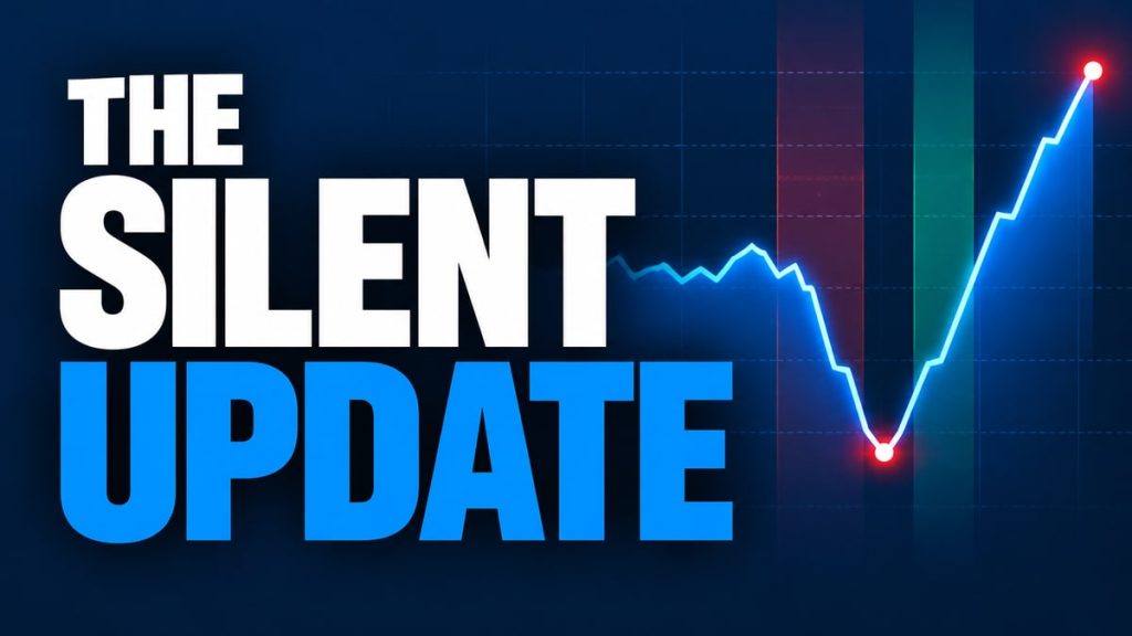 The Silent Update text beside a line chart showing a sharp drop and recovery